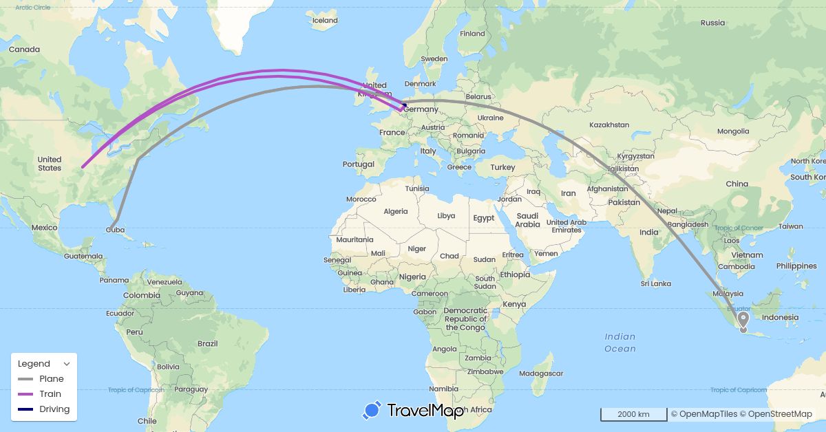 TravelMap itinerary: driving, plane, train in Belgium, Cuba, Indonesia, Malaysia, Netherlands, United States (Asia, Europe, North America)
